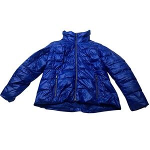Lands' End Down Puffer Jacket Women's 16 Petite Blue Zip Pockets Spring